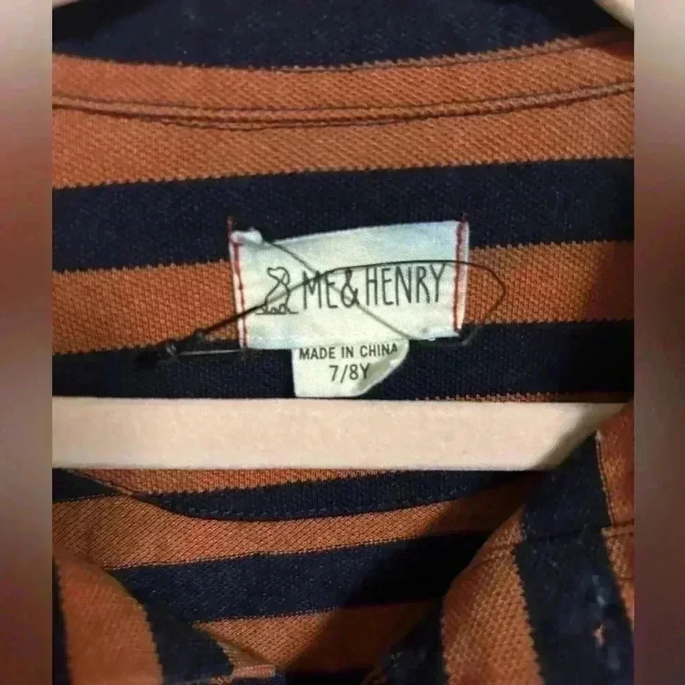 Me & Henry Boys Navy/Burnt Orange Stripe Pique Polo Size 7/8Y - Picture 2 of 4